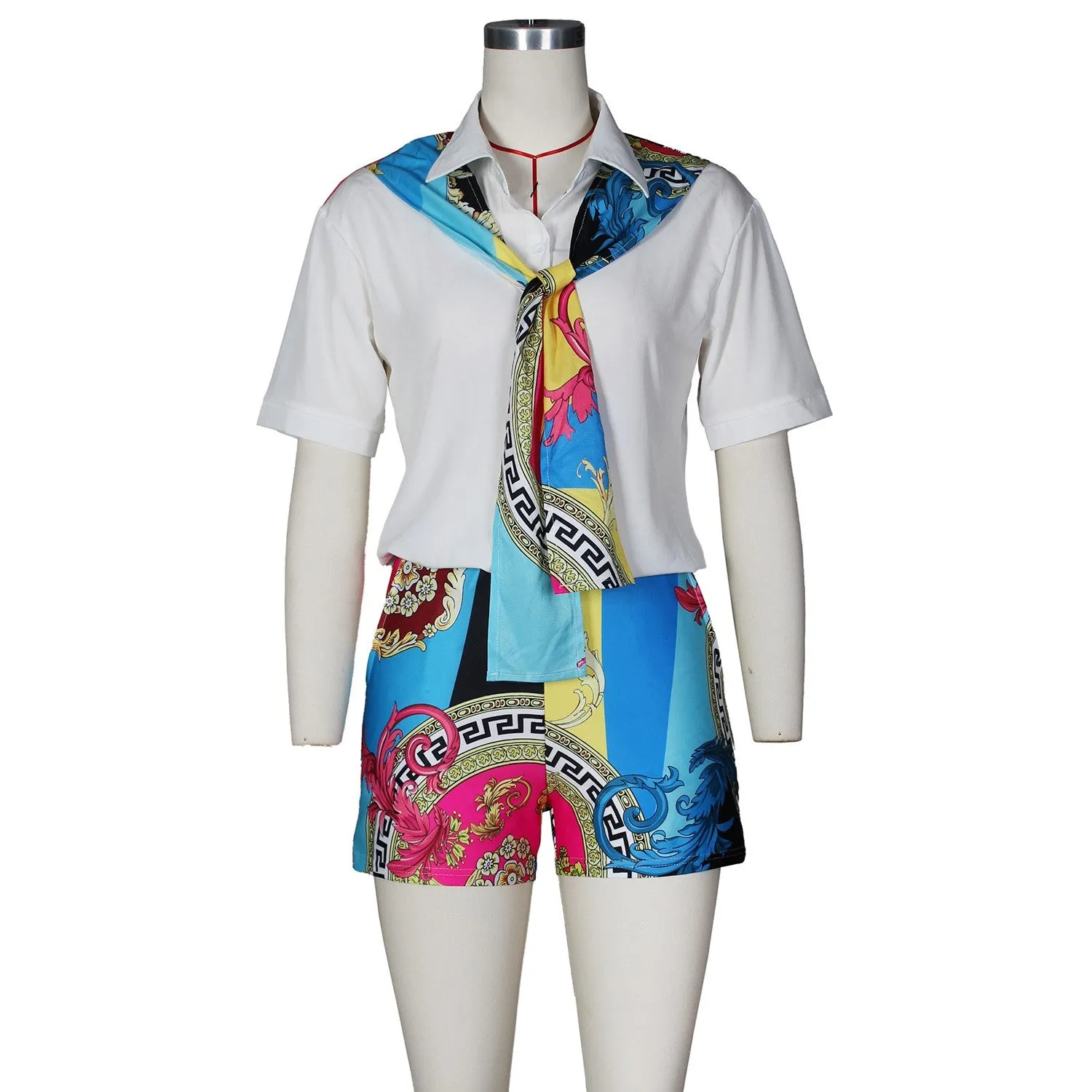 Fashion stitching printed shirt suit AY1105
