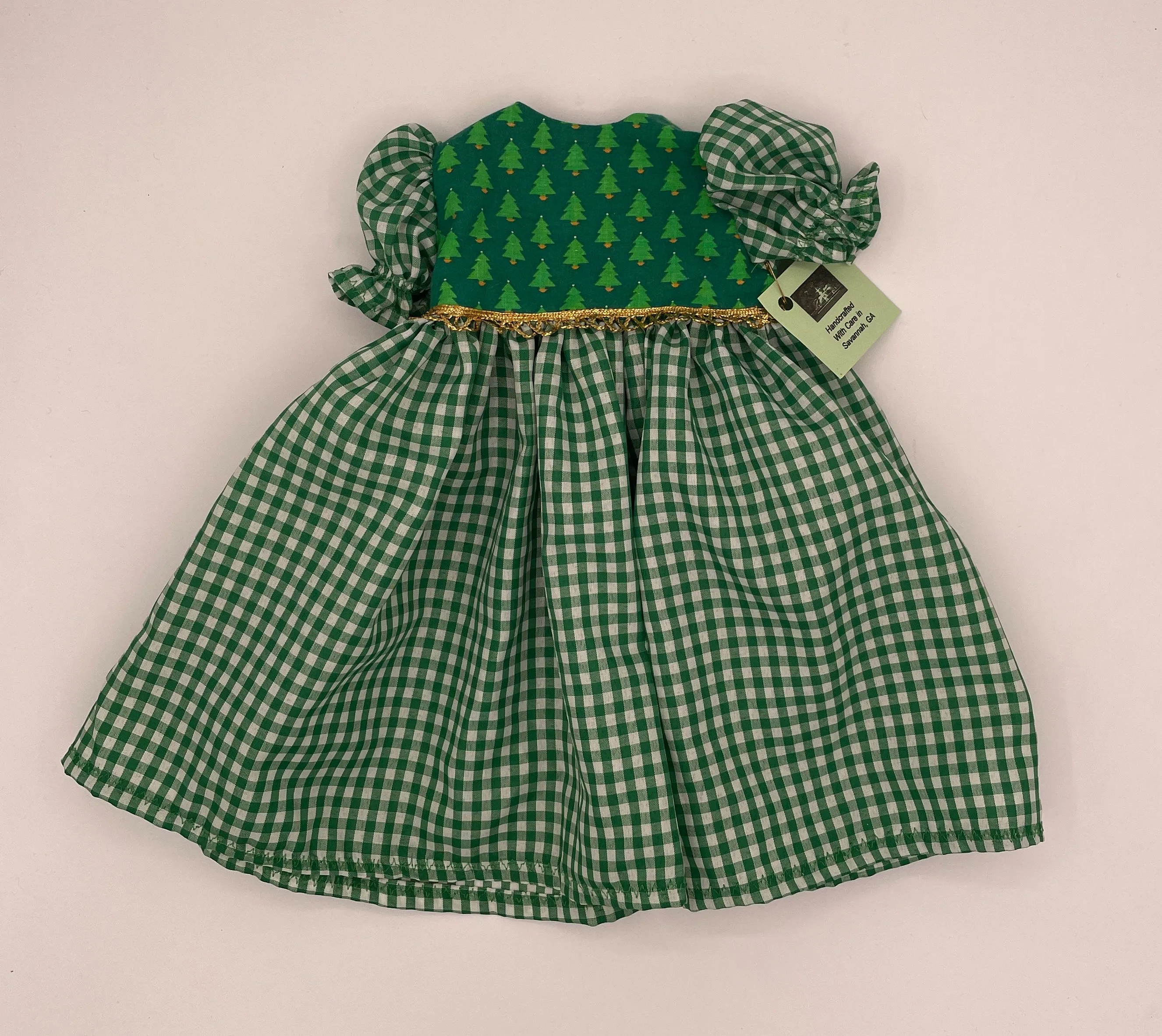 Green Gingham Dress with Trees for 18" Doll
