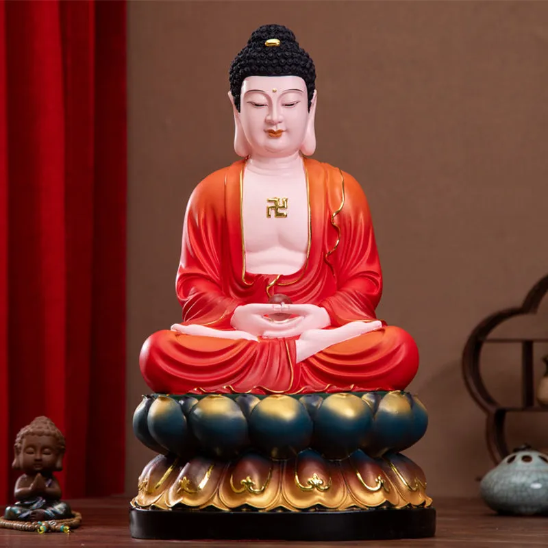 Seated Shakyamuni Buddha Statue, Red Clothes Resin Material
